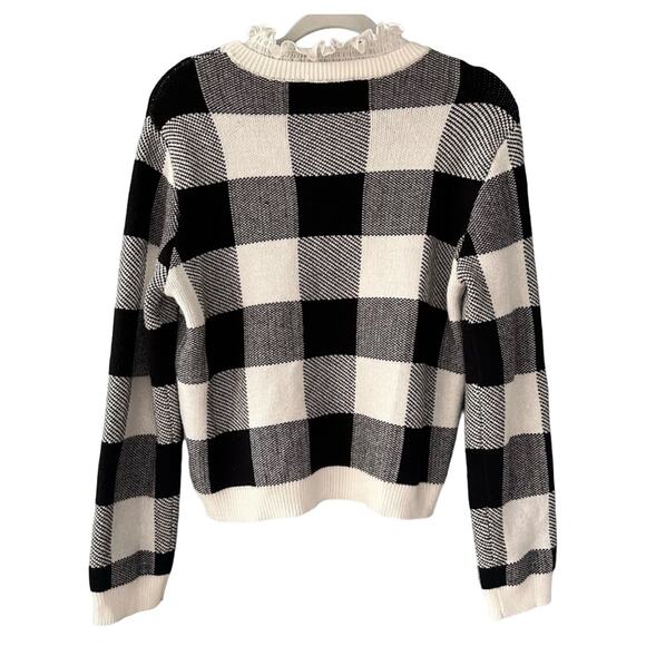 By Anthropologie Black & White Plaid Ruffle-Collar Pullover Sweater Size S